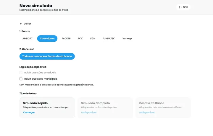 Tela da plataforma - ESCOLHA SEU SIMULADO